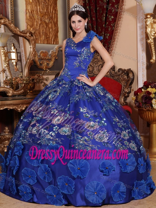 V-neck Blue Floor-length Satin Beading and Appliques Quinceanera Dresses