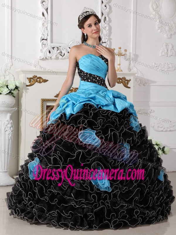 Blue and Black Sweetheart Organza Beading Rolling Flowers Quinceanera Dress