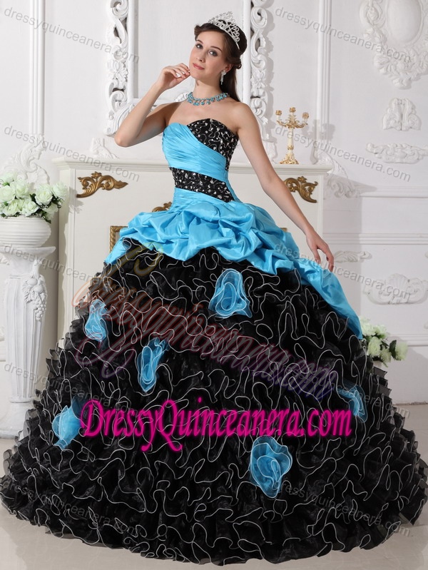 Blue and Black Sweetheart Organza Beading Rolling Flowers Quinceanera Dress