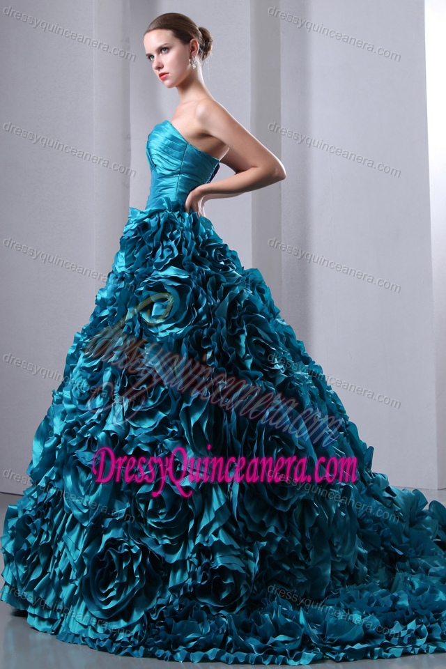 Ruched Sweetheart Turquoise Brush Train Quinces Dresses with Rolling Flowers