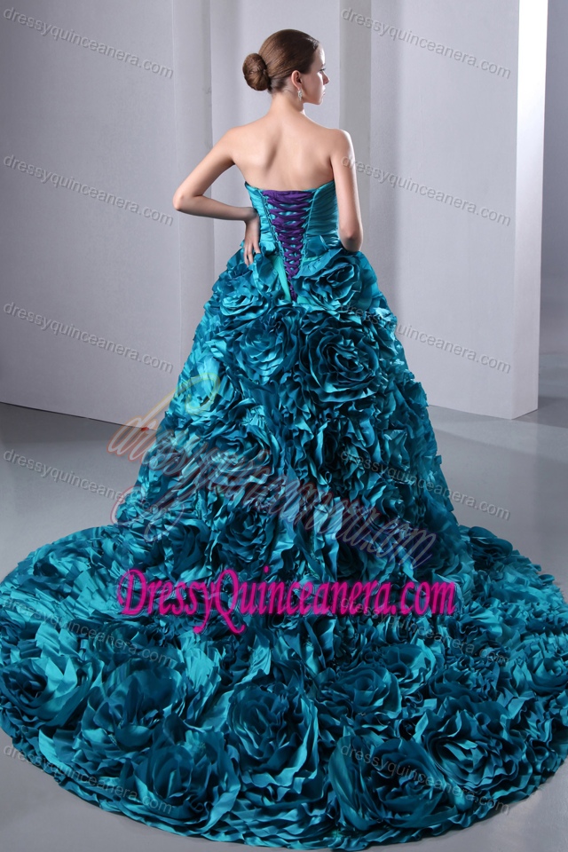 Ruched Sweetheart Turquoise Brush Train Quinces Dresses with Rolling Flowers