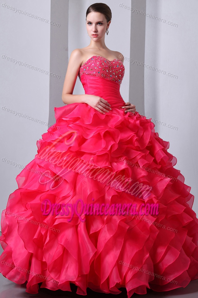 Coral Red Beading Sweetheart Organza Ruffles Quinceanea Gown Dresses