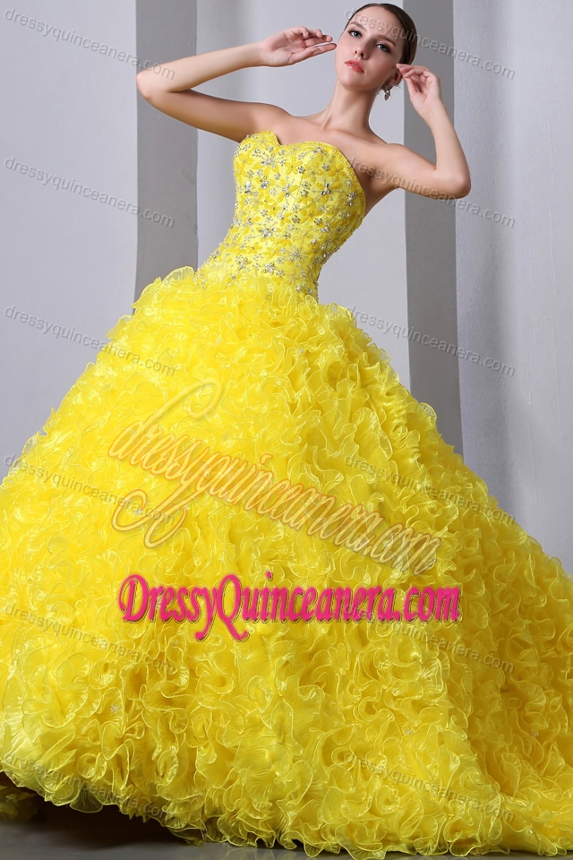 Princess Sweetheart Yellow Brush Train Beading and Ruffles Dress for Quince
