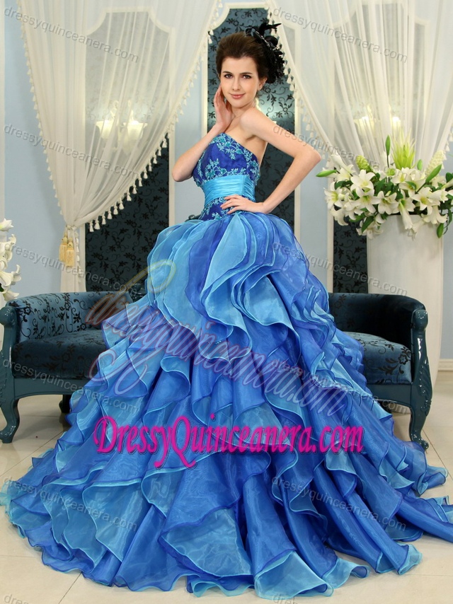 Blue Appliques Organza Strapless Sweet Sixteen Dresses with Brush Train