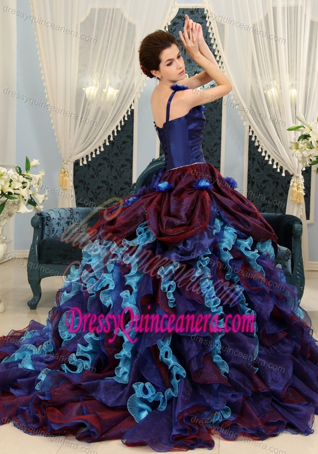 Multi-Color Ruffled One Shoulder Quinceanera Dresses with Hand Made Flowers