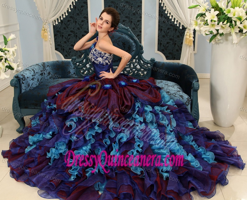 Multi-Color Ruffled One Shoulder Quinceanera Dresses with Hand Made Flowers
