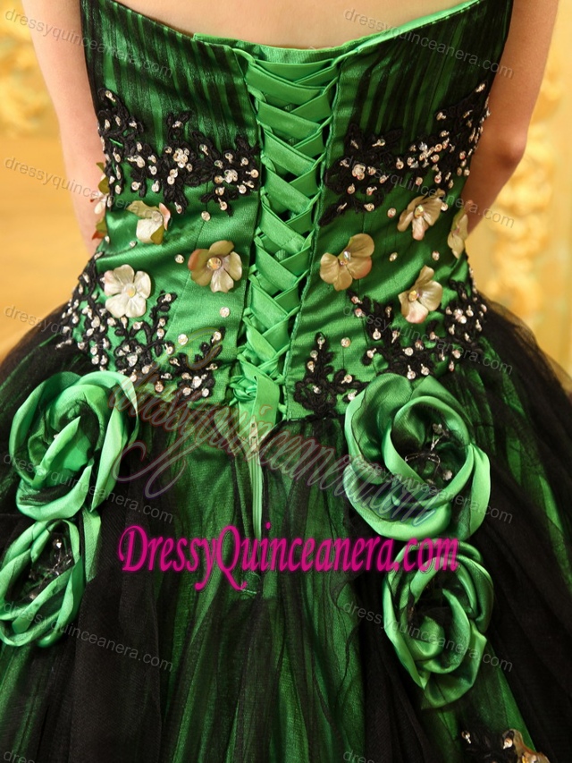 Green and Black A-line Strapless Sweet 15 Dresses with Hand Made Flowers
