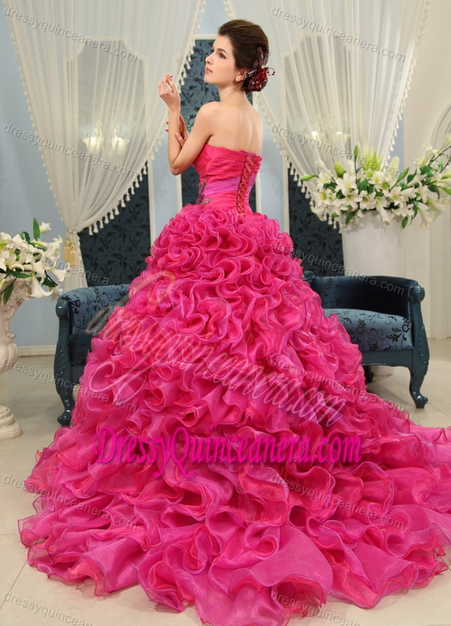 Sweetheart Fuchsia Ruffled Quinceanera Gowns with Appliques and Sweep Train