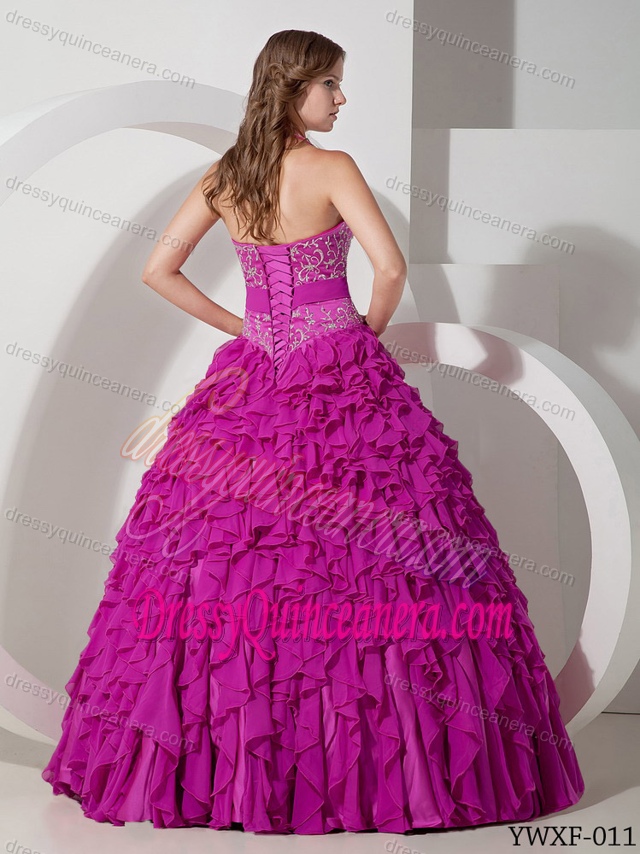 Discount Fuchsia Halter Top Chiffon Dress for Quince with Embroidery