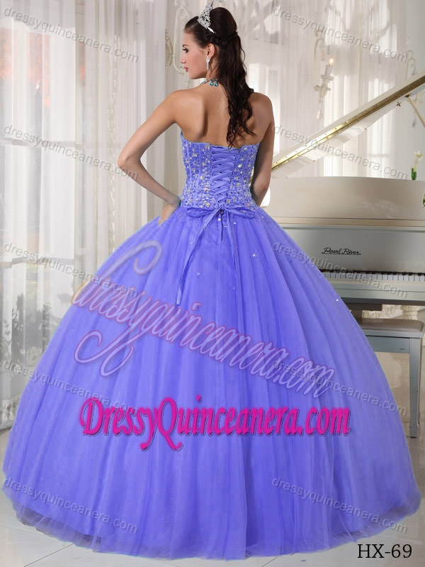 Lilac Sweetheart Dresses for Quinces with Beading in Tulle on Promotion