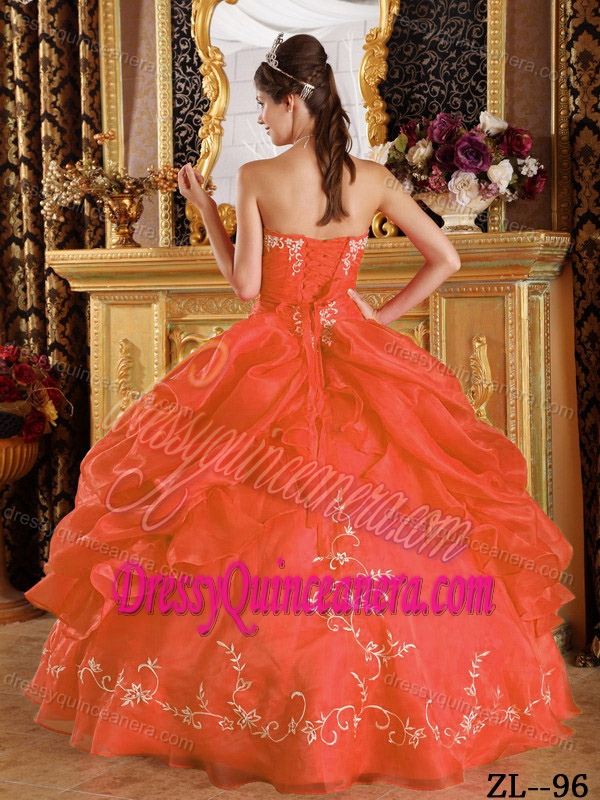 Affordable Orange Red Strapless Organza Quinces Dress with Embroidery
