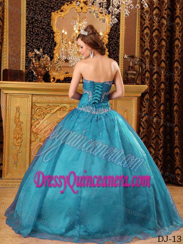 Sweetheart Organza Quinceanera Gown in Teal with Appliques on Sale
