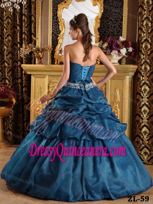 Turquoise Ruching Dresses for Quinceanera with Pick-ups and White Appliques
