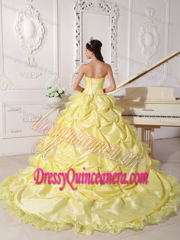 Yellow Strapless Sweet Sixteen Quince Dresses with Chapel Train and Pick-ups