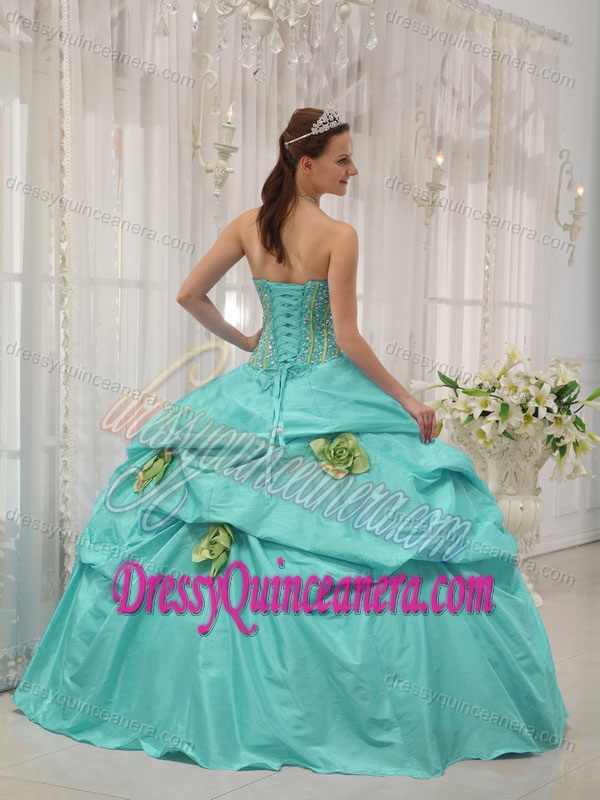Beading Aqua Blu and Green Quinceanera Gown Dresses with Handmade Flowers