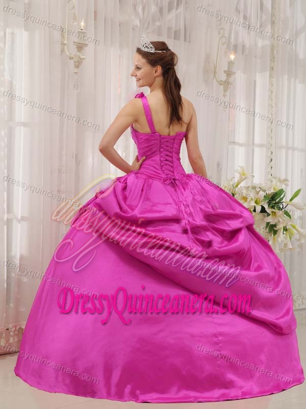 Hot Pink One Shoulder Beading Sweet Sixteen Dresses with Handmade Flowers