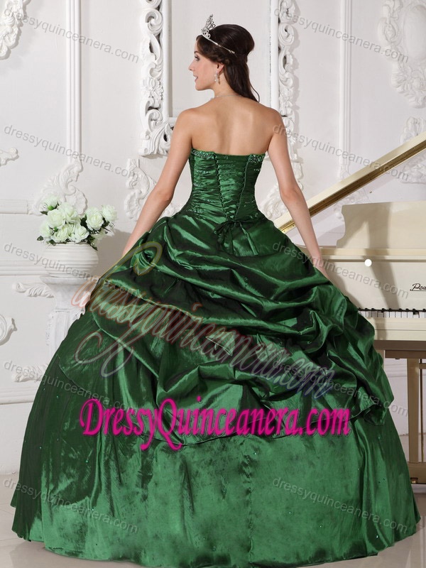 Hunter Green Strapless Beading Quinceanera Dress with Ruches in Taffeta on Sale