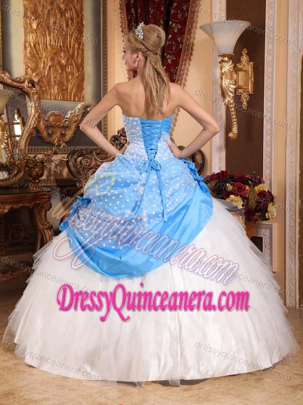 Strapless Beading Quince Gown with Handmade Flowers in Aqua blue and White