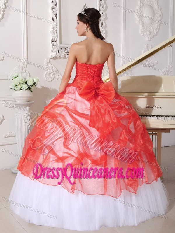 Beaded 2013 Quinceanera Gown with Ruches and Ruffles in Coral Red and White