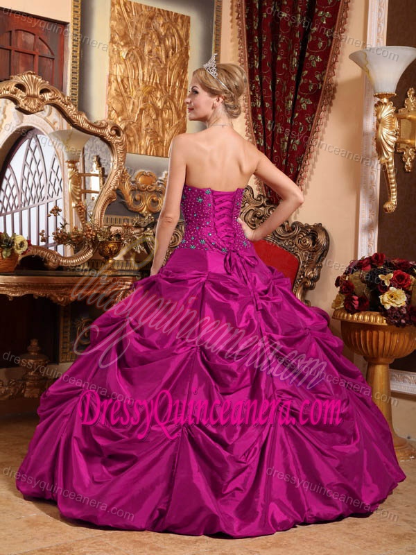 Glitz Strapless Taffeta Dress for Quinceanera in Fuchsia with Beads and Pick-ups