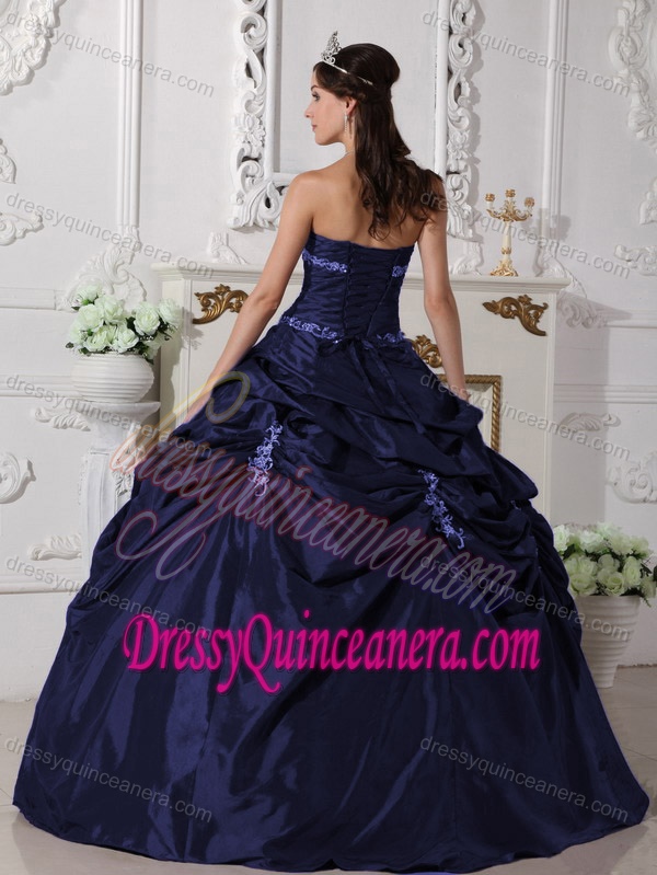 Clearance Appliqued Taffeta Dress for Quinceanera with Pick-ups in Navy Blue