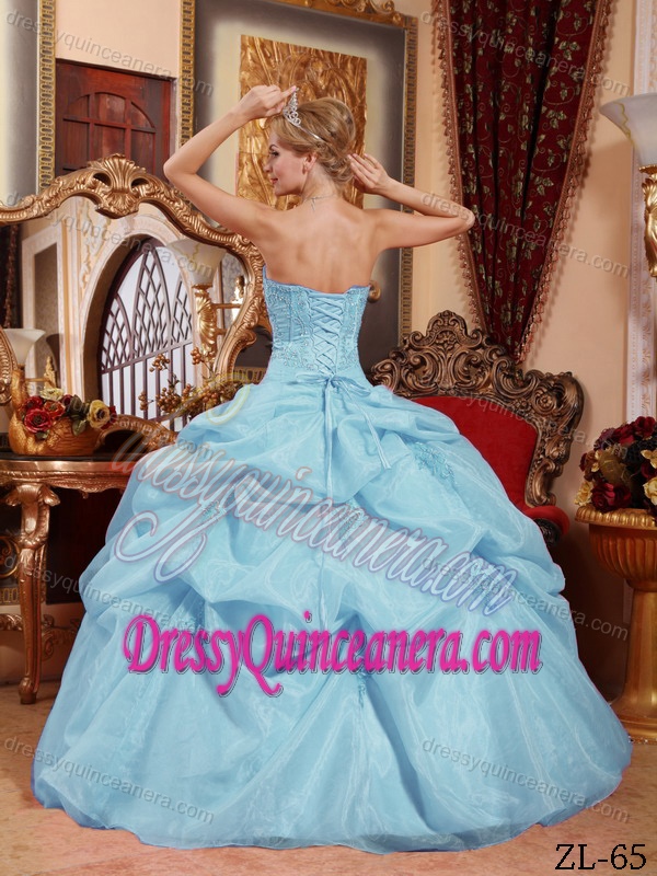 Light Blue Quinceanera Gown Dresses with Pick-ups and Embroidery in Organza