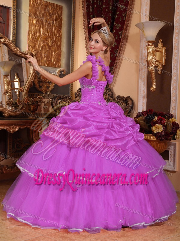 One Shoulder Dress for Quinceanera with Embroidery and Pick-ups in Fuchsia