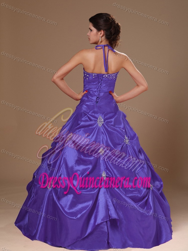 Halter-top A-line Purple Dresses for Quince with Pick-ups and Beads in Taffeta