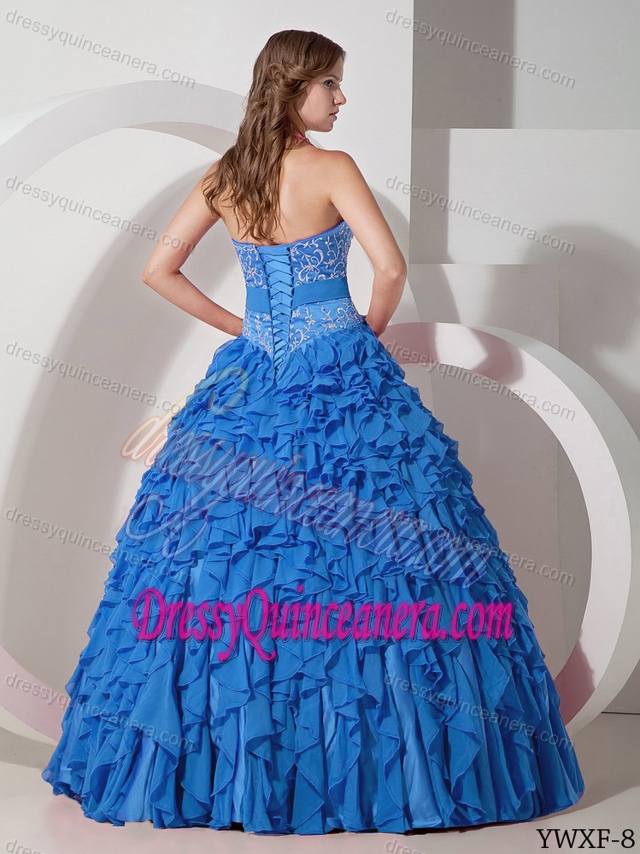 Hot Blue Halter Top Chiffon Quinceanera Dress with Embroidery and Ruffles