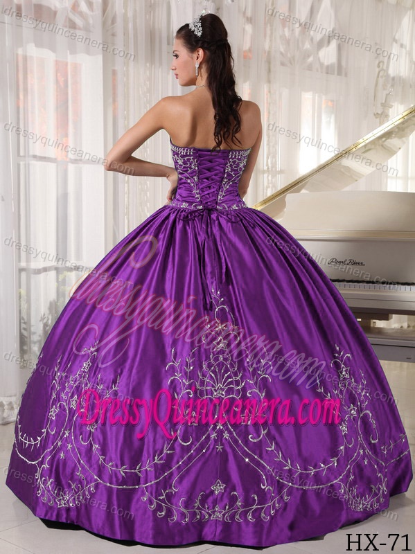 Purple Strapless Satin Quinceanera Dress with Embroidery for Custom Made