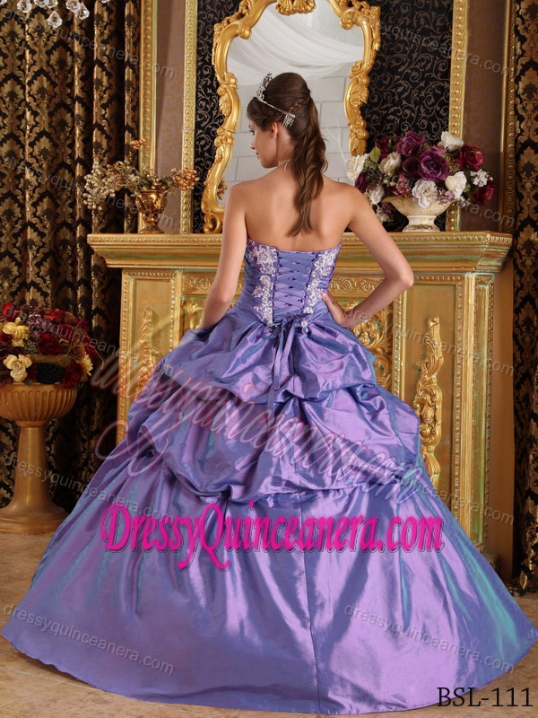 Pretty Purple Strapless Taffeta Quinceanera Dress with Appliques and Ruching