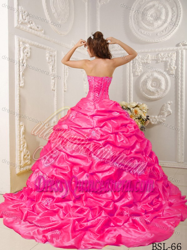 Hot Pink Strapless Beaded Quinceanera Dress with Court Train and Pick-ups