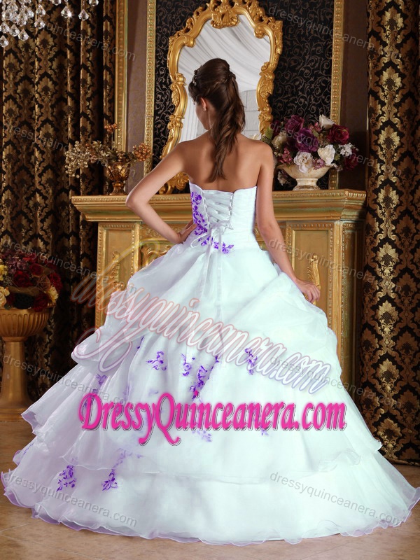 Cheap Strapless Appliqued Organza Quinceanera Dress in White