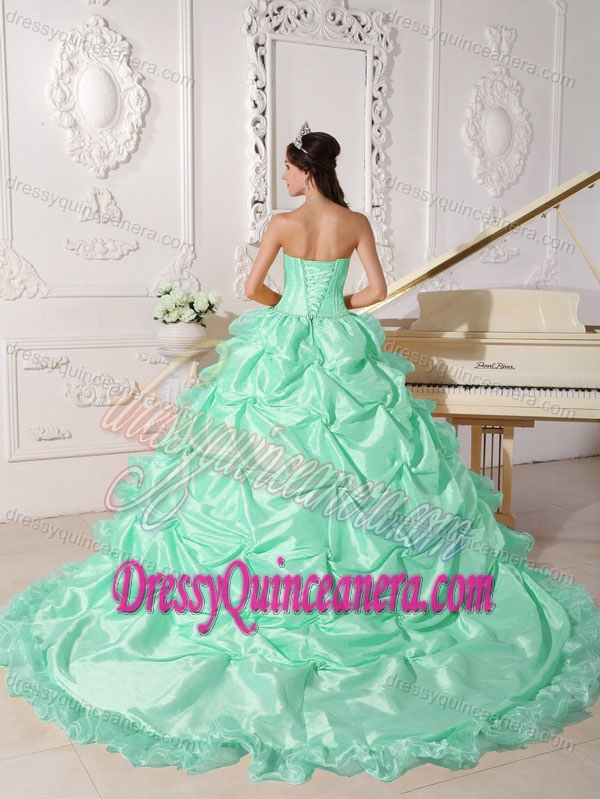 Beaded Taffeta Quince Gown with Chapel Train in Apple Green