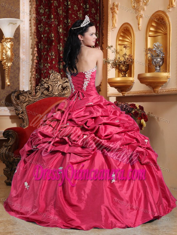 Coral Red Strapless Taffeta Discount Dress for Quince with Appliques