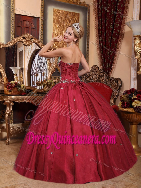 Wine Red Nice Strapless Dress for Quinceanera in Taffeta and Tulle