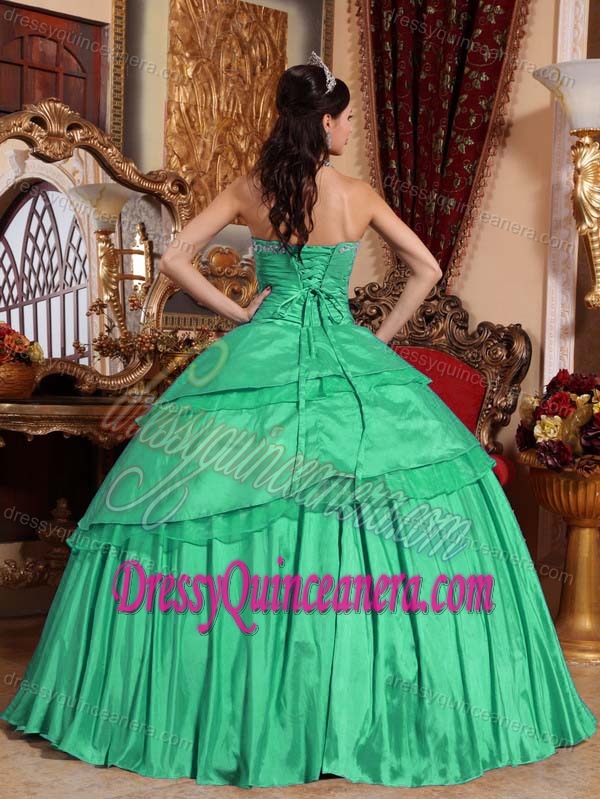Discount Sweetheart Appliqued Taffeta Quince Gowns in Turquoise