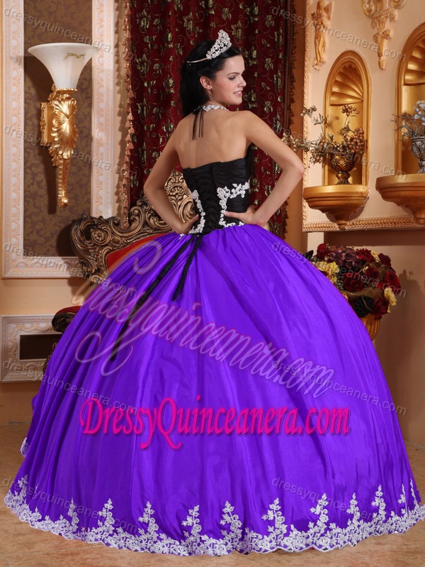 Purple and Black V-neck Dress for Quince with Appliques on Promotion