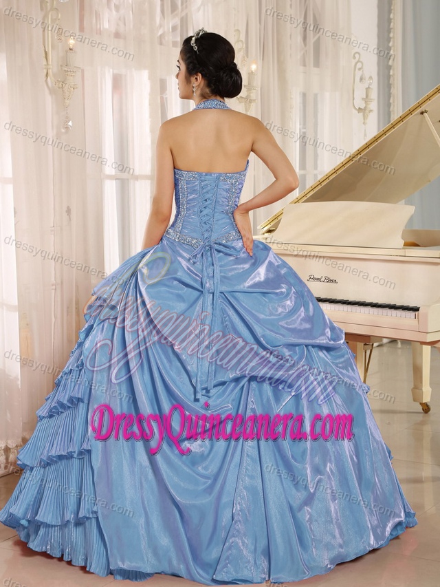 Inexpensive Halter Aqua Blue Beaded Sweet 15 Dresses with Pleats