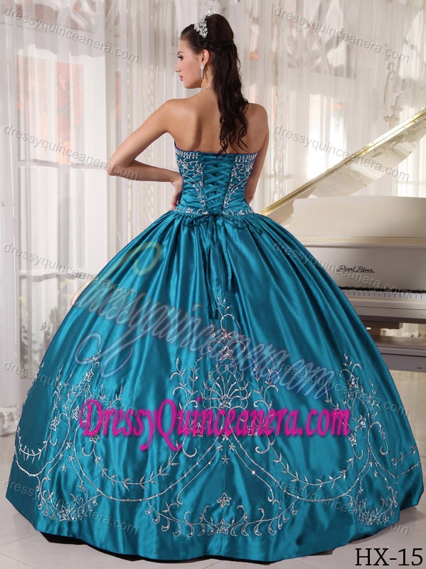 Cheap Teal Ball Gown Strapless Satin Embroidery Sweet Sixteen Dresses