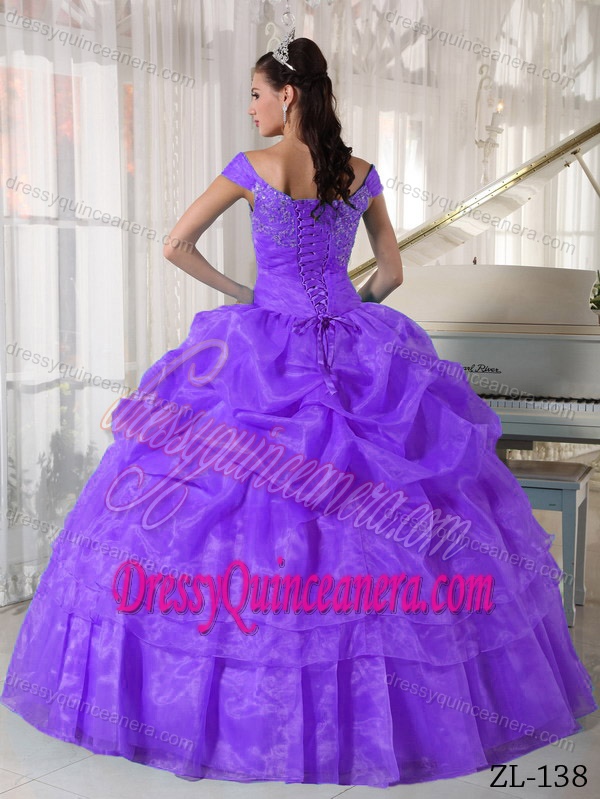 Purple Off The Shoulder Taffeta and Organza Quinces Dresses with Beading