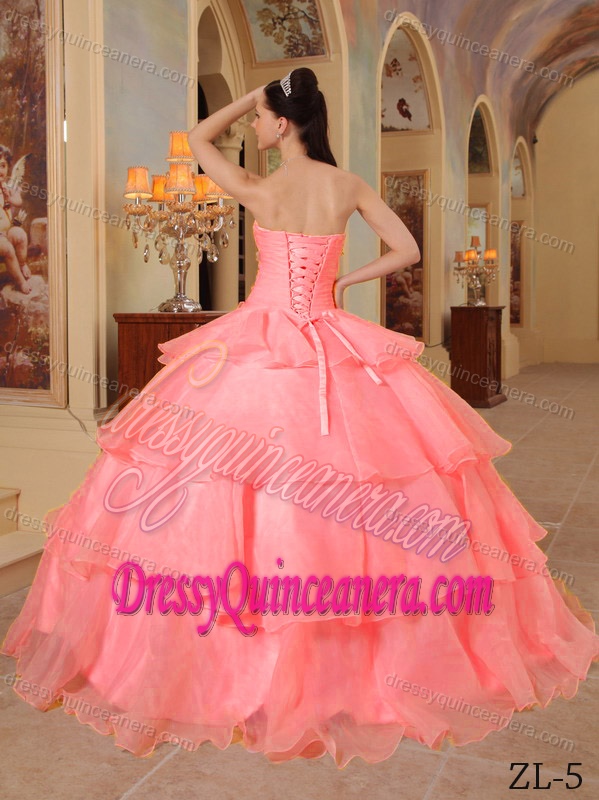 Watermelon Organza Sweet 15 Dresses with Beading and Handle Flowers
