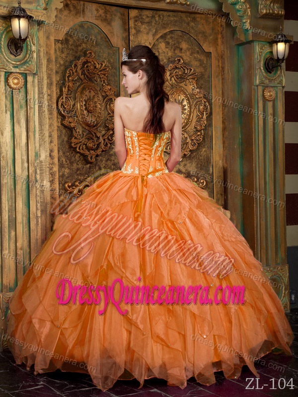 Gorgeous Strapless Appliqued Orange Quinceaneras Dresses in Organza
