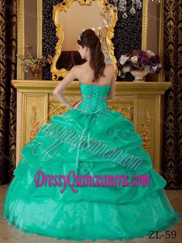 Custom Made Turquoise Sweetheart Organza Appliqued Quinceanera Gown