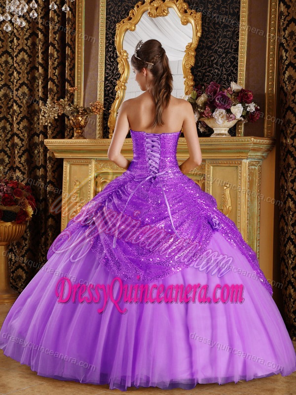Purple Sequined and Tulle Sweet Sixteen Dresses with Hand Made Flowers