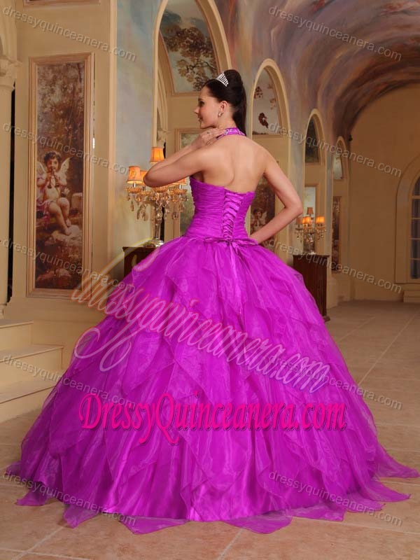 Custom Made Fuchsia Halter Embroidery Dress for Quinceanera in Organza