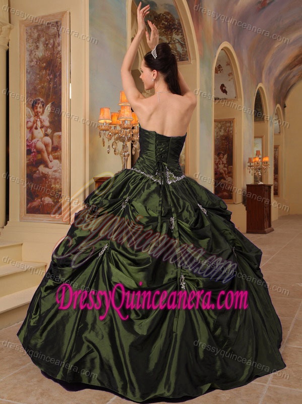 Strapless Beaded Taffeta Sweet Sixteen Quinceanera Dresses in Olive Green