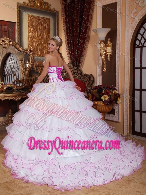 White Strapless Organza Appliques Sweet 16 Dresses with Detachable Train