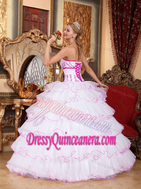 White Strapless Organza Appliques Sweet 16 Dresses with Detachable Train