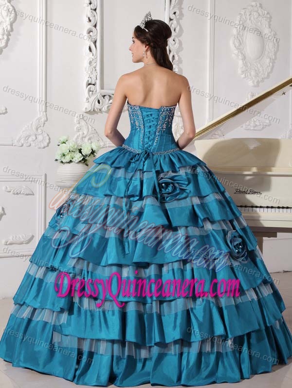 New Blue Sweetheart Taffeta Quinceanera Dress with Embroidery and Layers